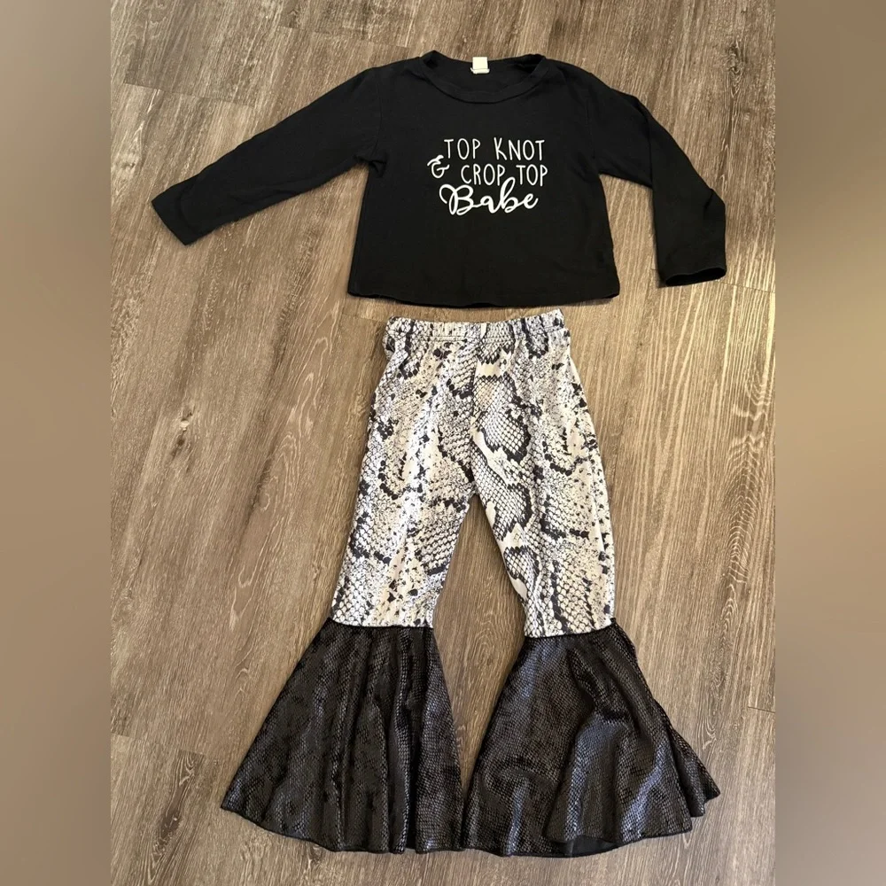 Trendy Black and Snake Print Flared Bell Pants with Long Sleeve Crop Kids Set